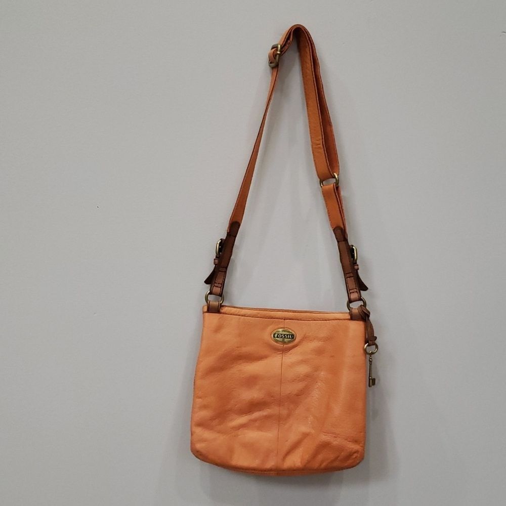 Fossil Purse Authentic Crossbody Pumpkin Leather Adjustable Strap Zip Top